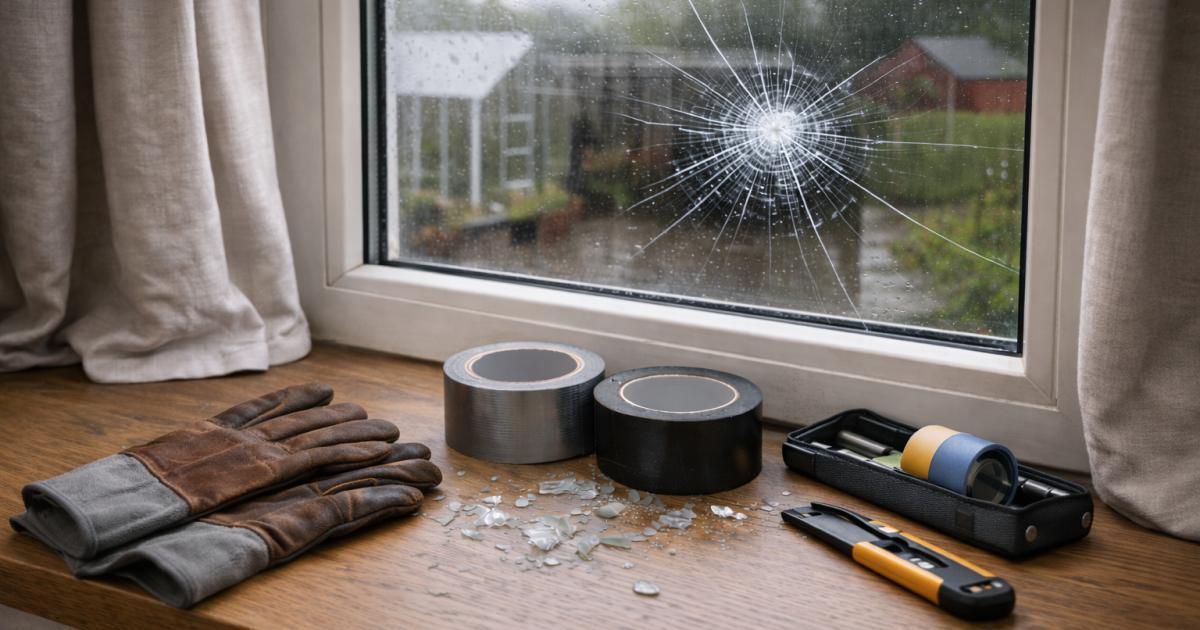 Stervormige barst in een raam met handschoenen en tape op vensterbank in Nederlandse woning